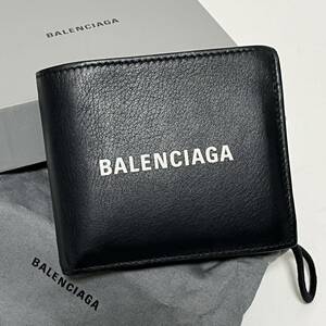 【0664】箱付BALENCIAGA バレンシアガ EVERYDAYエブリディ ロゴ 二つ折り財布 サイフ ウォレット レザー ブラック 黒 メンズ レディース