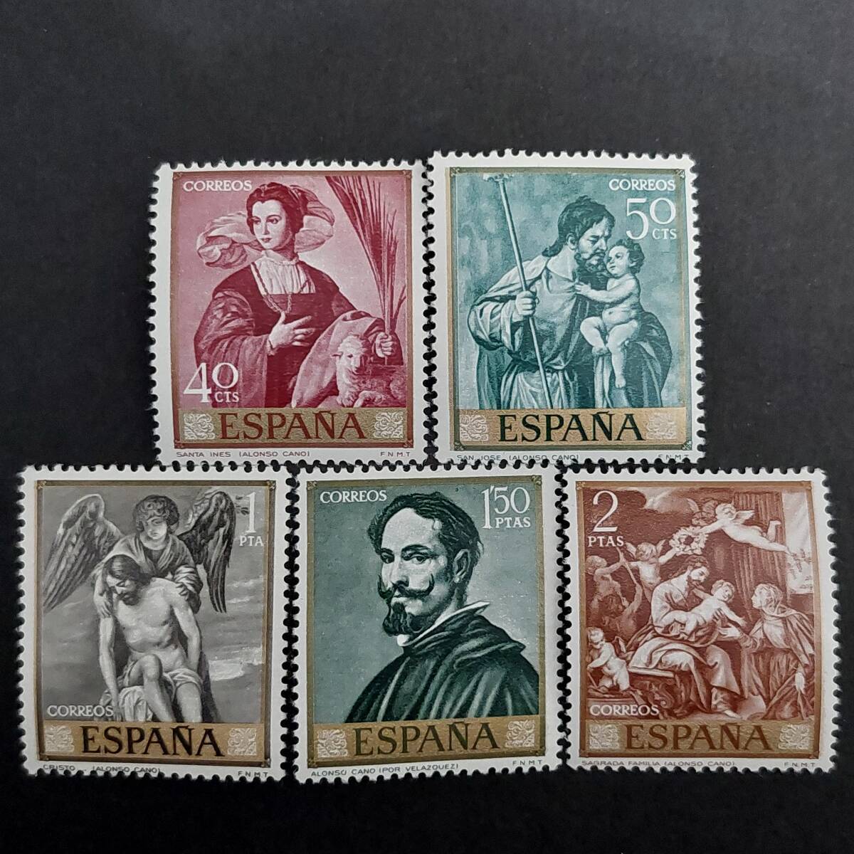 J473 Spanische Briefmarke Set mit 5 Gemälden von Alonso Cano, ein spanischer Barockmaler, der in seinen späteren Jahren Priester wurde, herausgegeben 1969, ungebraucht, Antiquität, Sammlung, Briefmarke, Postkarte, Europa