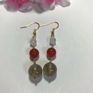 天然石ルチルクォーツ☆カーネリアン☆クリスタルのピアス♪ ハンドメイド