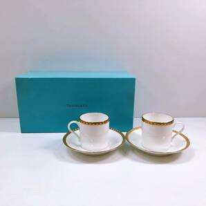 131【中古】TIFFANY&Co. ティファニー カップ&ソーサー ブランド食器 Gold Band ゴールド バンド 陶器 2客セット 洋食器 箱付き 現状品の画像1