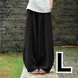 [ black L size ] cotton flax ... wide pants .... comfort .. waist rubber plain casual sarouel pants gaucho pants lady's 