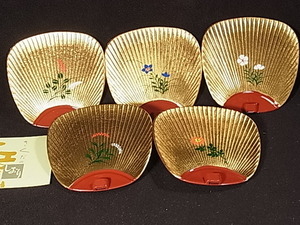 未使用品/金箔屋さくだ　絵替わり・菓子器皿　５客セット