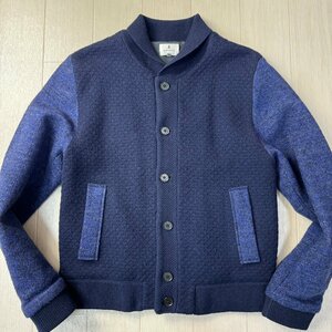 美品/48 M-L相当★ランバン/LANVIN en Bleu メランジウール 袖切替 ニットジャケット スタジャン ケーブル編み ローゲージ 春 メンズ 紺