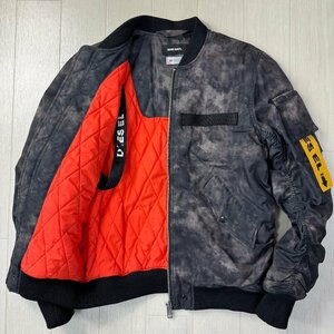 未使用並/L-XL相当★ディーゼル/DIESEL 袖ロゴ レッドキルティング まだら模様 迷彩調 フライトジャケット MA-1 ボンバー 中綿 メンズ