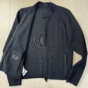 美品/50 L-XL相当★アルマーニ/EMPORIO ARMANI ワッフルニット 凹凸3D シングル ライダース ジャケット ダブルジップ 春アウター メンズ 黒