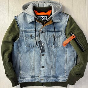 タグ付き新古品/M相当★ディーゼル/DIESEL デニム切替 ドッキング フライトジャケット MA-1 ボンバー ロープ編み 中綿 メンズ カーキの画像2