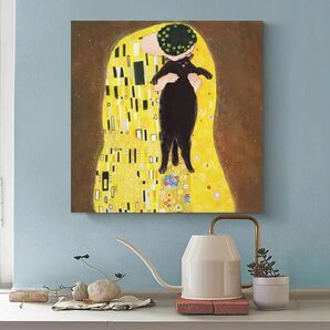 クリムト『黒猫にKISS』モダンで可愛らしい美術品オマージュ 30*30cm★キャンバスアートポスター 名画パロディ ユニーク芸術