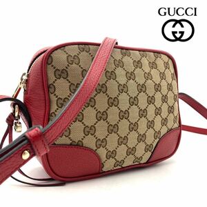 ★1円★ 超極美品 GUCCI グッチ ショルダーバッグ GG キャンバス レザー レッド レディース カメラ スクエア ポシェット 斜め掛け 肩掛け