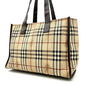 1円★BURBERRY バーバリー トートバッグ ハンドバッグ ノバチェック シャドーホース ホースロゴ レザー PVC ベージュ ブラウン 金ロゴ