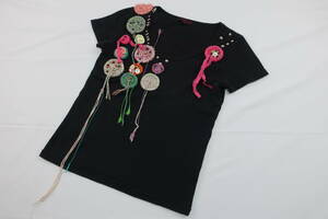 [ sending 900 jpy ] 543 KENZO Kenzo lady's short sleeves T-shirt cut and sewn black multi knitted decoration L cotton 100%