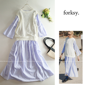 forksy. フォルクシー★大人可愛い♪２WAYメッシュニットベストセットストライプギャザーワンピース 2点セット♪