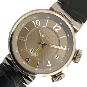 ルイ・ヴィトン LOUIS VUITTON タンブール GMT アラーム Q1154 ブラウン K18WG/革ベルト 腕時計 メンズ 中古