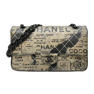 シャネル CHANEL ロゴプリント Wフラップ チェーンショルダーバッグ A01112 21番台 ブラック×ゴールド ブラック金具 レザー 中古