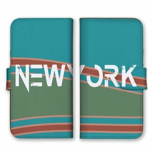 多機種対応 手帳型 スマホ ケース カバー iPhone15 AQUOS Galaxy Xperia 縞模様 ブルー New York