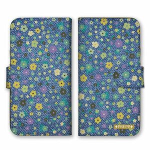 多機種対応 手帳型 スマホ ケース カバー iPhone15 AQUOS Galaxy Xperia デニム柄 花模様 青