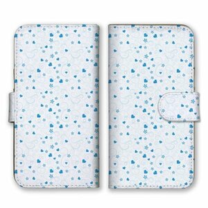 多機種対応 手帳型 スマホ ケース カバー iPhone15 AQUOS Galaxy Xperia ハート柄 幾何学 白ブルー