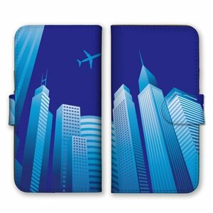 多機種対応 手帳型 スマホ ケース カバー iPhone15 AQUOS Galaxy Xperia ビル街 飛行機 青