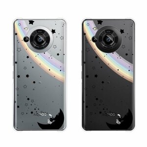 AQUOS R7 ( SH-52C / Softbank ) スマホ ケース ハード カバー ココペリ 黒 虹 月 シャボン玉 星 白ver クリアデザイン