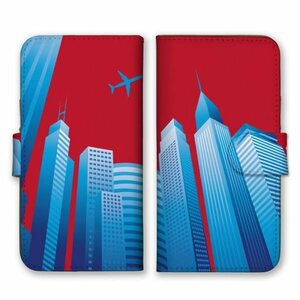 多機種対応 手帳型 スマホ ケース カバー iPhone15 AQUOS Galaxy Xperia ビル街 飛行機 青赤