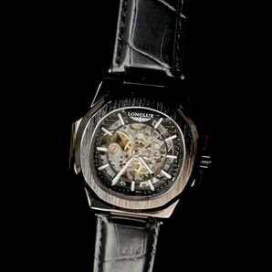 【LONGLUX】メンズ 腕時計 自動巻き ノーチラス スクエア 本革 スケルトン ステンレススティール