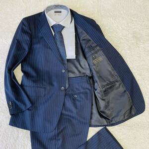極美品！クリスチャンオラーニ スーツ 『王者の気品』セットアップ テーラードジャケット Lサイズ AB6 ウール ストライプ ネイビー 紺色