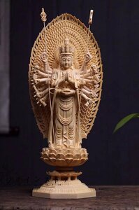 新作 総檜材 木彫仏像 仏教美術 精密細工 千手観音菩薩立像 高さ43cm