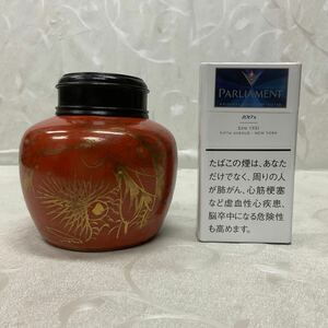 中国古美術 珊瑚紅描金絵茶罐