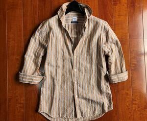 V Edifice 7 minute sleeve linen shirt kata way beige L stripe EDIFICE