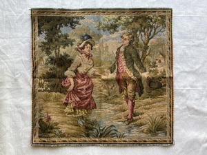 70〜80年代 フランス製 ゴブラン織り 貴族のカップル 織り布画 ヴィンテージ タペストリー 25×25cm