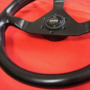 old momo steering wheel Veloce 36.0Φ black leather 1989 モモ ベローチェ 綺麗 希少 赤ステッチ 新品ホーンボタン 付属品有の画像4