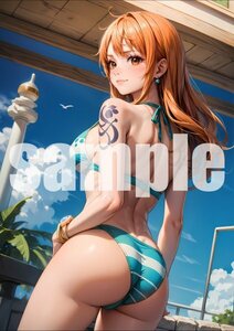 1018【A4写真用紙・高画質】『ワンピース ナミ』水着 ビキニ グラビア セクシー アニメ イラスト 同人 美女 ポスター ファンアート AI