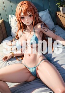 1019【A4写真用紙・高画質】『ワンピース ナミ』水着 ビキニ グラビア セクシー アニメ イラスト 同人 美女 ポスター ファンアート AI