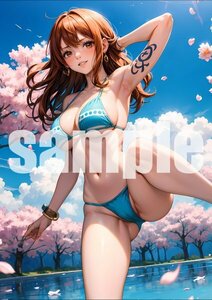 1012【A4写真用紙・高画質】『ワンピース ナミ』水着 ビキニ グラビア セクシー アニメ イラスト 同人 美女 ポスター ファンアート AI