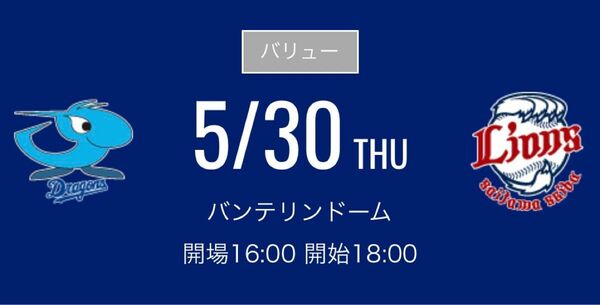 ５月３０日(木) 中日ドラゴンズ 対埼玉西武ライオンズ　レフト側ドラゴンズ 外野応援席　ペア