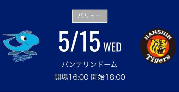 ５月１５日(水) 中日ドラゴンズ 対阪神タイガース　レフト側ドラゴンズ 外野応援席　ペア