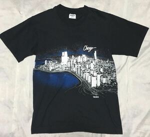 80s SANSEGALシカゴ夜景プリントtシャツ USA製 Chicago美品　M 90s アートtシャツ　ヴィンテージ　エッシャー　お土産tシャツ アメリカ製