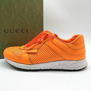 1円 【未使用級 希少カラー】 GUCCI グッチ 【王者の風格】 メンズ スニーカー ローカット 靴 シューズ オレンジ ロゴ型押し 男女兼用