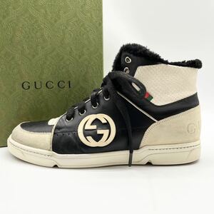 激安！ 1円 【美品】 GUCCI グッチ 【王者の貫禄】 メンズ スニーカー ハイカット 靴 シューズ インターロッキング ボア ホワイト ブラック