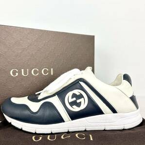 1円 【美品】 GUCCI グッチ 【王者の風格】 メンズ スニーカー ローカット 靴 シューズ インターロッキング ホワイト ネイビー 25.5cm相当の画像1