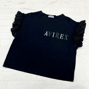 1414◎ AVIREX アヴィレックス トップス カットソー Tシャツ クルーネック ロゴ 刺繍 カジュアル ブラック レディースFREE