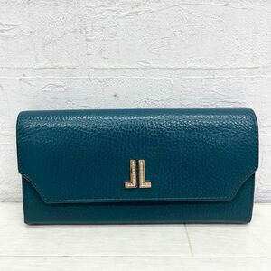 1401◎ LANVIN ランバン 財布 長財布 ボタン リアル レザー 本革 ワンポイント ロゴ カジュアル グリーンブルー レディース