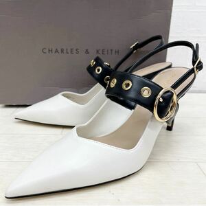 1432◎ 美品 Charles & Keith チャールズアンドキース 靴 パンプス ハイ ヒール ストラップ ホワイト レディース38