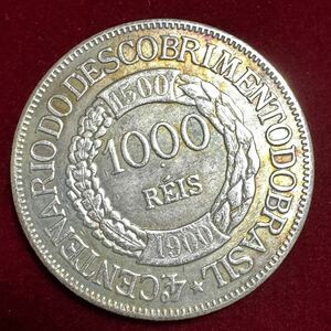 ブラジル 硬貨 古銭 ブラジル発見400周年記念 1900年 「ブラジルアメリカ合衆国共和国」銘 1000レイ 記念幣 コイン 銀貨 外国古銭 