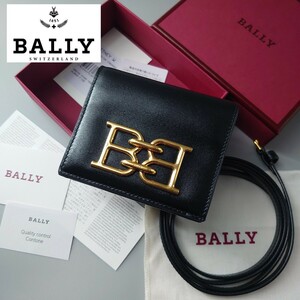 1円～ BALLY バリー 6236554 BRITNEY W ショルダーウォレット お財布ショルダーバッグ 折り財布 オールレザー 革 黒 ブラック 斜め掛け