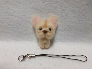 羊毛フェルト ハンドメイド 仔犬 フレンチブルドッグ　クリームちゃん ストラップ 