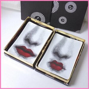 ★FORNASETTI/フォルナセッティ トレイプレート 2枚セット/ホワイト×ブラック×レッド/陶磁器/小物置き/外箱付き&1780803023