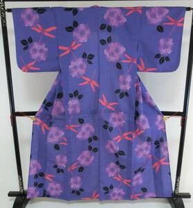 【P0014】Ａお仕立て上がり綿浴衣　紫色地にトンボ、紫陽花模様