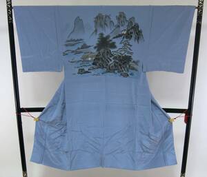 [Q0960]S men's brand new silk long kimono-like garment blue gray ground . scenery pattern neckpiece attaching 