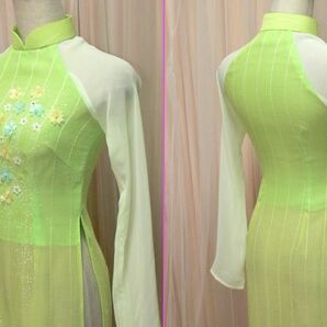 4-68☆Miss Aodai*小さめサイズ*パステル系グリーンシルクシフォン*アオザイ*パーティ＆フォーマルドレス/W31.B38☆の画像6