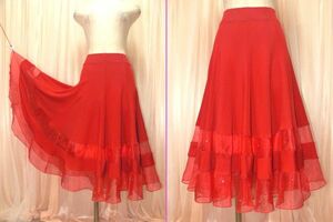 4-101* red stretch & auger nji-* ball-room dancing * long flair skirt /W33~47.L70*